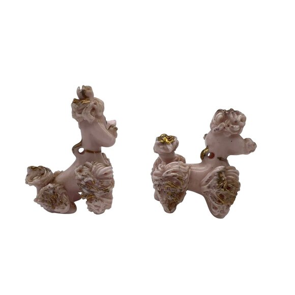 Vintage Pink Spaghetti Poodle Figurine Pair Gold Trim Mid-Century Japan - Picture 3 of 6